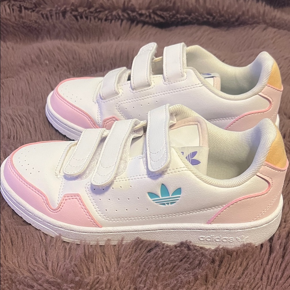 Adidas Kids White, Pink, and Yellow Sneakers